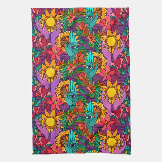 Fun pattern with flowers and hands kitchen towel (Vertical)
