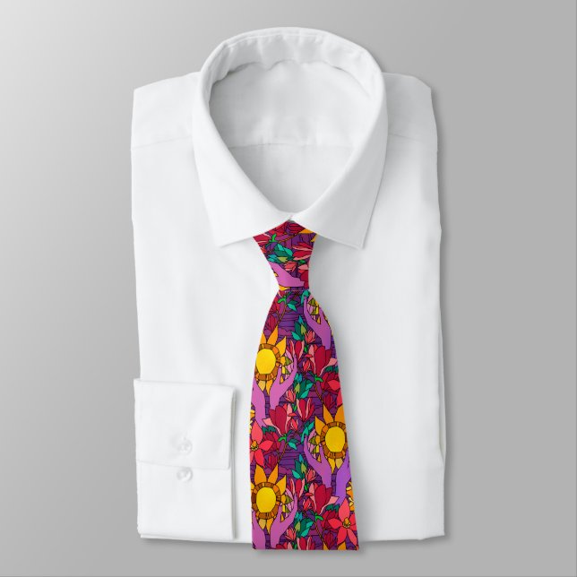 Fun pattern with flowers and hands neck tie (Tied)
