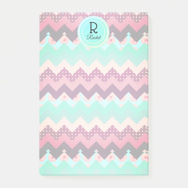 Fun Patterned Chevrons in Pink & Teal Personalized Post-it Notes (Front)