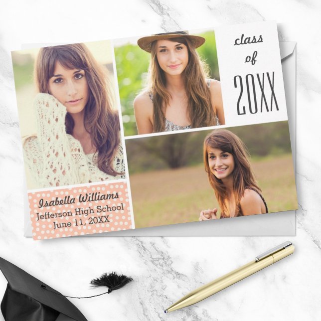 Fun Peach Polka Dot 20XX Graduation Photo Collage Invitation (Creator Uploaded)