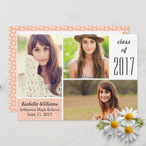 Fun Peach Polka Dot 20XX Graduation Photo Collage Invitation