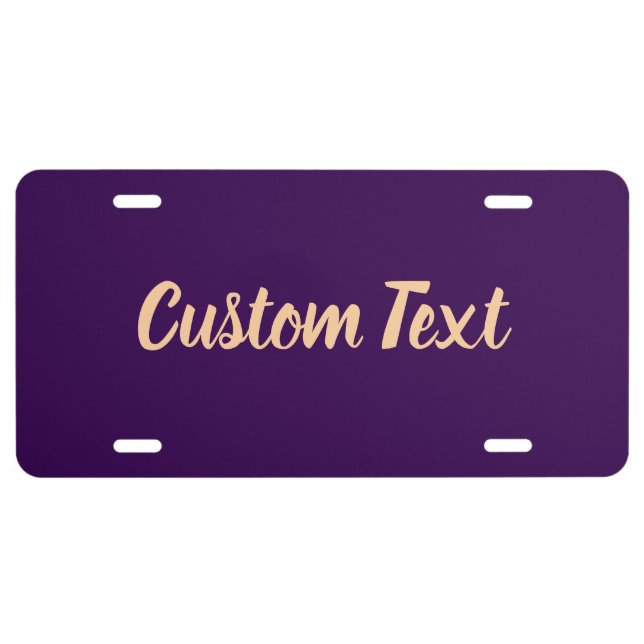 Fun Peach Script Text Template on Dark Purple License Plate (Front)