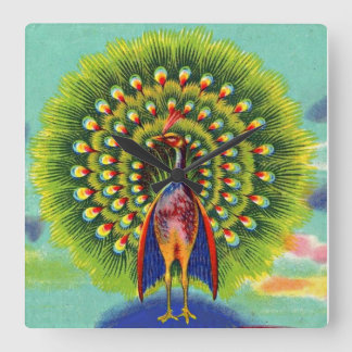 fun peacock print square wall clock