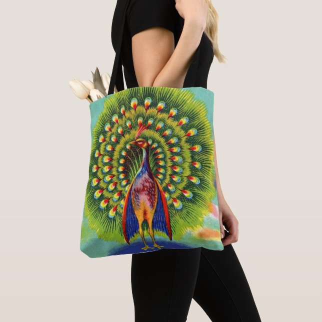 fun peacock print tote bag (Close Up)