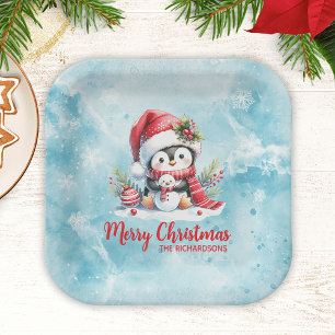Fun Penguin Blue and Red Merry Christmas Paper Plates