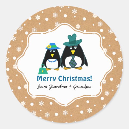 Fun Penguin Couple Custom Christmas  Classic Round Sticker