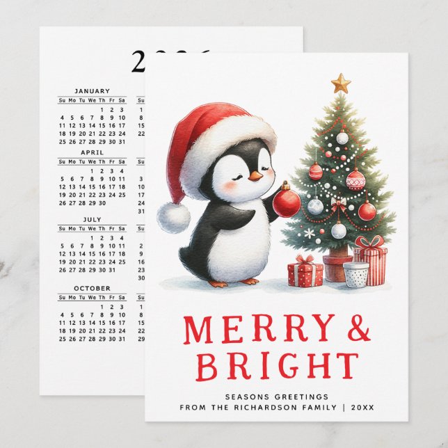 Fun Penguin Merry Bright Modern Minimal Christmas Holiday Card (Front/Back)