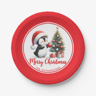 Fun Penguin Red White Custom Merry Christmas Paper Plates