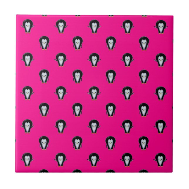 Fun Penguins over Hot Pink Pattern Ceramic Tile (Front)