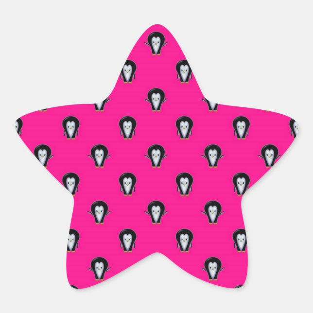 Fun Penguins over Hot Pink Pattern Star Sticker (Front)