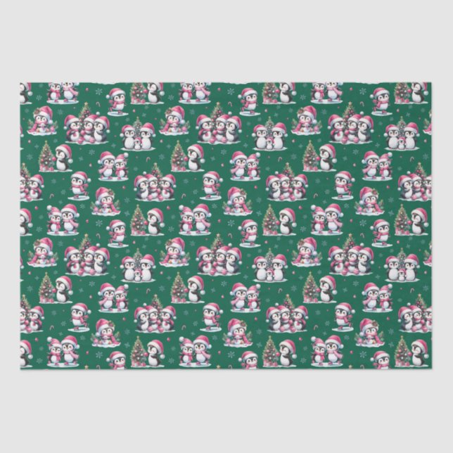 Fun Penguins Pattern Dark Green and Pink Christmas Tissue Paper (Front)