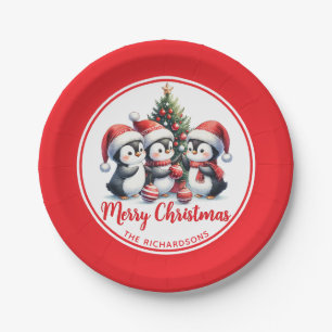 Fun Penguins White and Red Merry Christmas Paper Plates