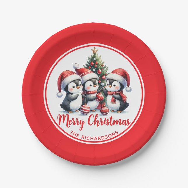 Fun Penguins White and Red Merry Christmas Paper Plates (Front)