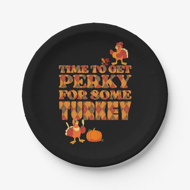 Fun PERKY FOR TURKEY Plaid Thanksgiving Paper Plates (Front)