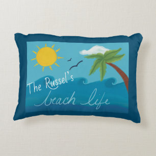 Fun Personalized Beach Life with Palm Tree & Ocean Accent Pillow