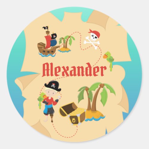 Fun Personalized Boy Pirate Treasure Map Classic Round Sticker
