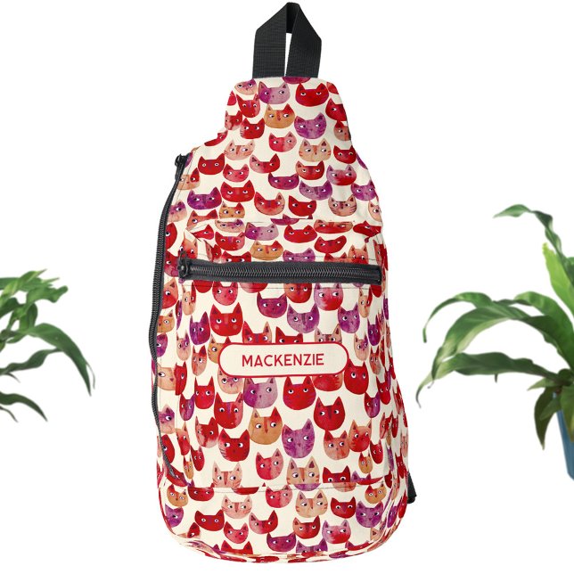 Fun Personalized Colorful Watercolor Cat Pattern Sling Bag (Fun personalized custom name watercolor kitty cat pattern sling bag for school, college and more)
