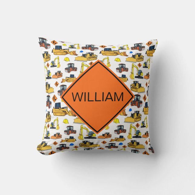 Fun Personalized Construction Vehicles Pattern Throw Pillow (Front)