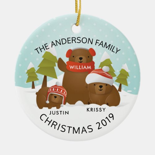 Fun Personalized Family Of 3 Bears Christmas Ceramic Ornament