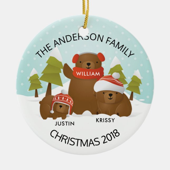 Fun Personalized Family Of 3 Bears Christmas Ceramic Ornament (Front)