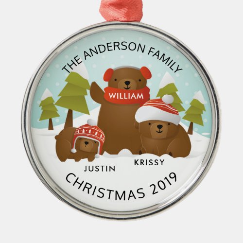 Fun Personalized Family Of 3 Bears Christmas Metal Ornament