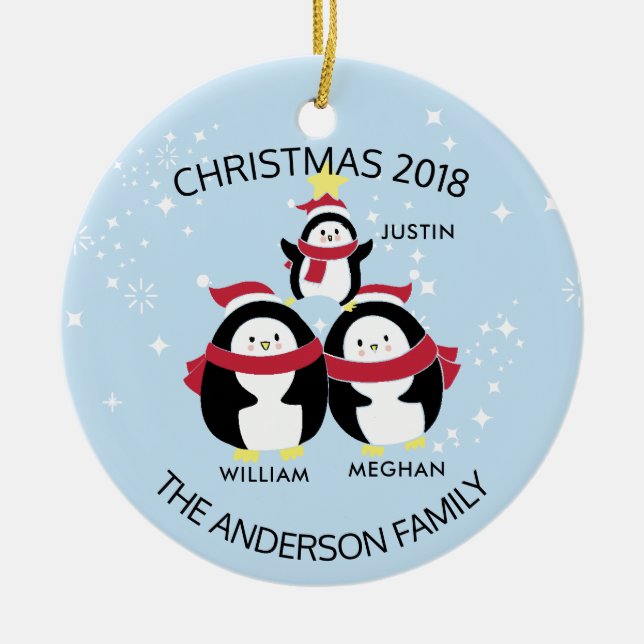 Fun Personalized Family Of 3 Penguins Christmas Ceramic Ornament (Front)
