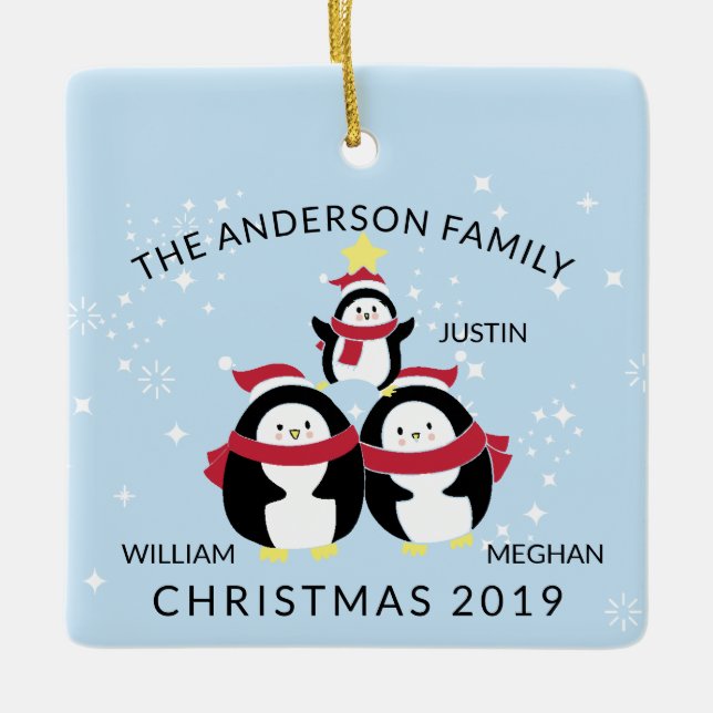 Fun Personalized Family Of 3 Penguins Christmas Ceramic Ornament (Front)