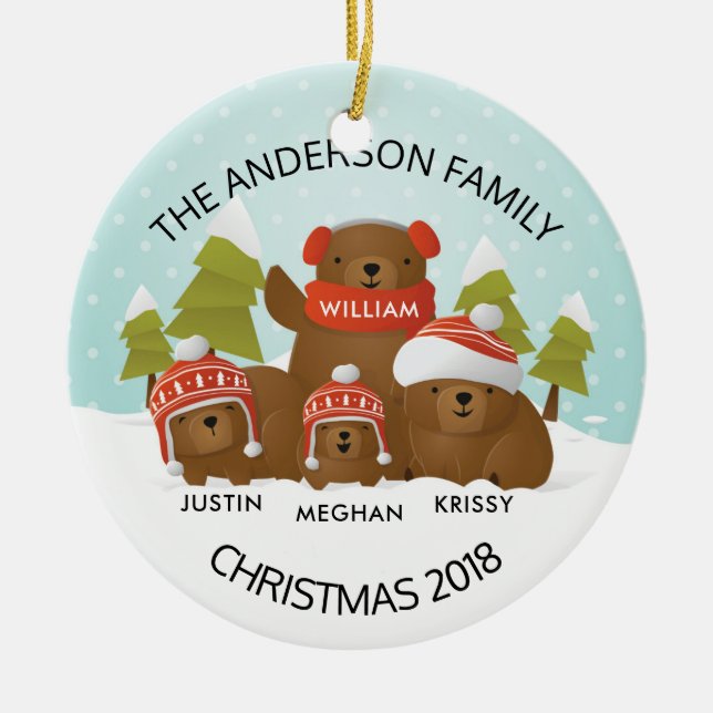 Fun Personalized Family Of 4 Bears Christmas Ceramic Ornament (Front)