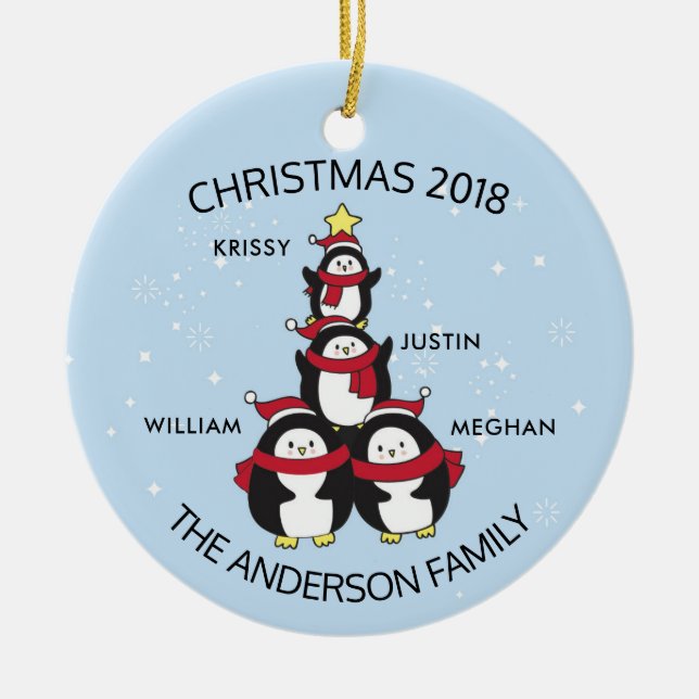 Fun Personalized Family Of 4 Penguins Christmas Ceramic Ornament (Front)