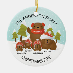Fun Personalized Family Of 5 Bears Christmas Ceramic Ornament