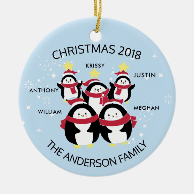 Fun Personalized Family Of 5 Penguins Christmas Ceramic Ornament (Front)