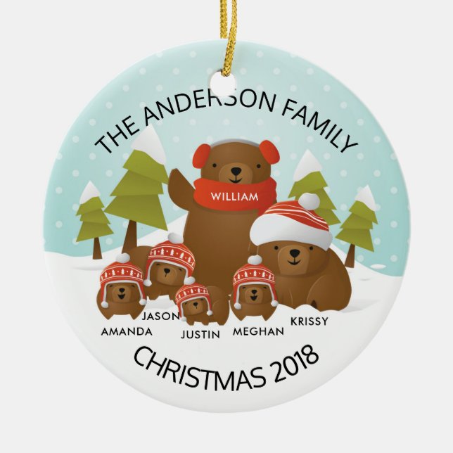 Fun Personalized Family Of 6 Bears Christmas Ceramic Ornament (Front)