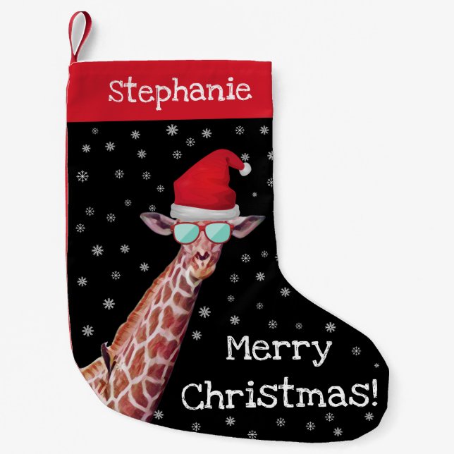 Fun Personalized Giraffe Wearing Santa Hat Xmas Small Christmas Stocking (Front)