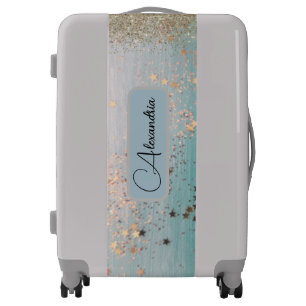 Fun Personalized Gold Stars on Teal  Luggage