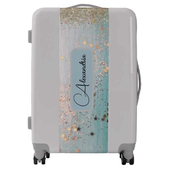 Fun Personalized Gold Stars on Teal  Luggage (Front)