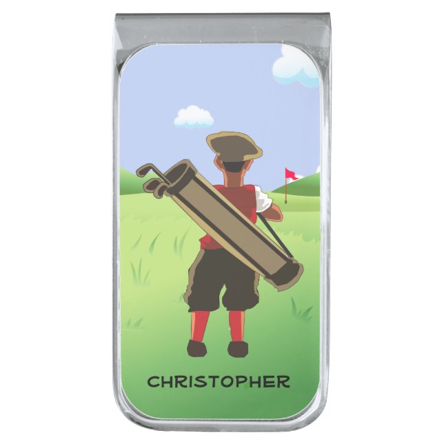 Fun Personalized Golfer on golf course Silver Finish Money Clip (Front Vertical)