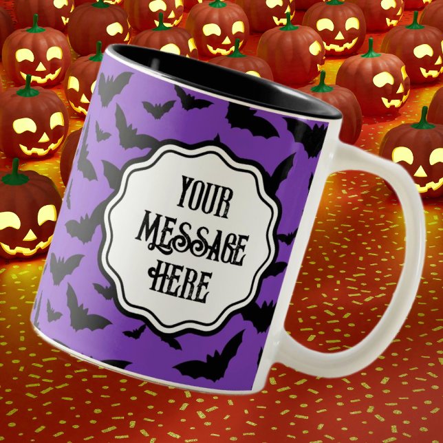 Fun Personalized Halloween Purple Black Bat Two-Tone Coffee Mug (Personalize this cute bat mug!)