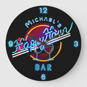 Fun Personalized Mancave Bar Den Happy Hour Large Clock