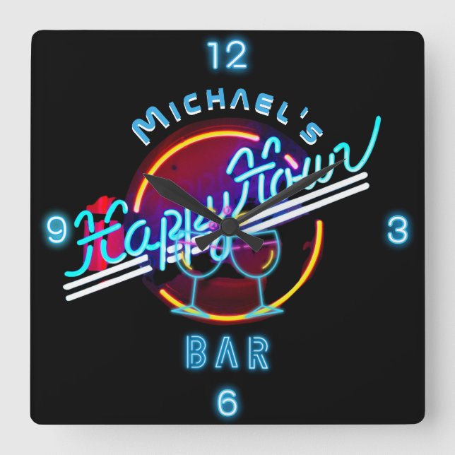 Fun Personalized Mancave Bar Den Happy Hour  Square Wall Clock (Front)