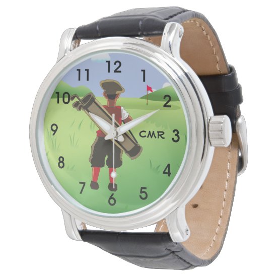 Fun Personalized monogram Golfer on golf course Wristwatch