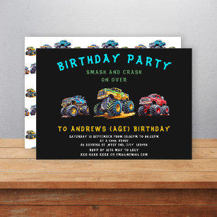 Fun personalized monster truck kids birthday  invitation