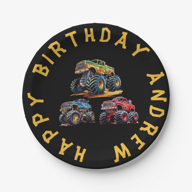 Fun personalized monster truck kids birthday  paper plates (Front)