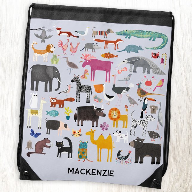 Fun Personalized Name Animal Menagerie Drawstring Bag (Fun personalized animal menagerie drawstring backpack with wildlife, safari, pet, wild, zoo animals)