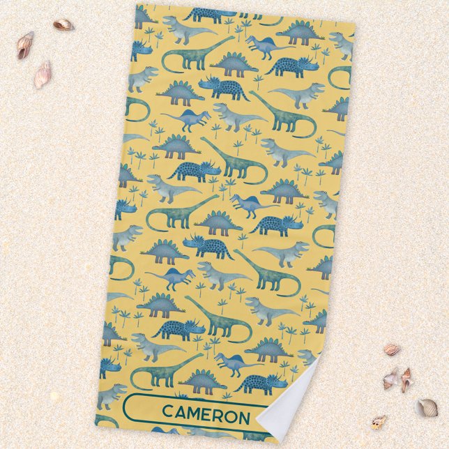 Fun Personalized Name Dinosaur Pattern Beach Towel (Fun prehistoric dinosaur pattern beach towel for paleontologists of all ages)