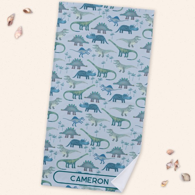 Fun Personalized Name Dinosaur Pattern Beach Towel (Fun prehistoric dinosaur pattern beach towel for paleontologists of all ages)