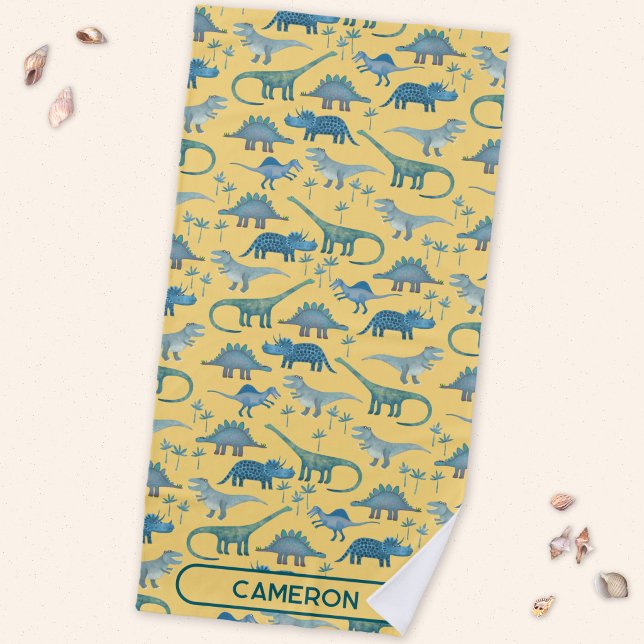 Fun Personalized Name Dinosaur Pattern Beach Towel (Fun prehistoric dinosaur pattern beach towel for paleontologists of all ages)