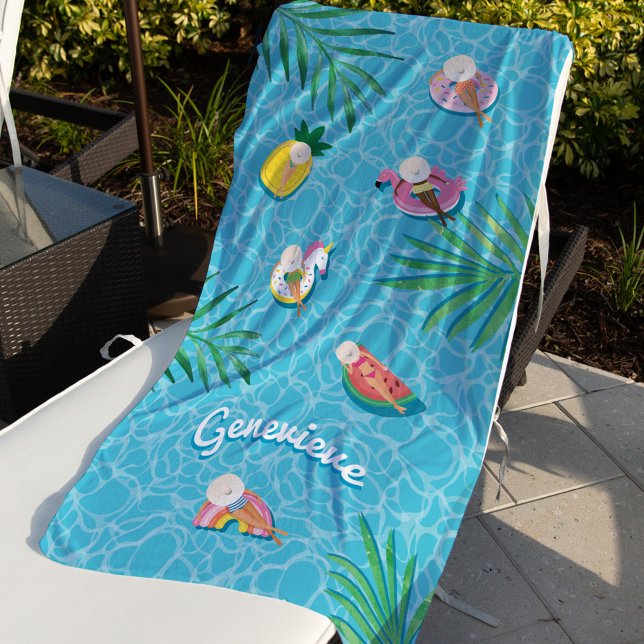Fun Personalized Name Tropical Summer Pool Floats Beach Towel (Fun Personalized Name Tropical Summer Pool Floats Beach Towel)