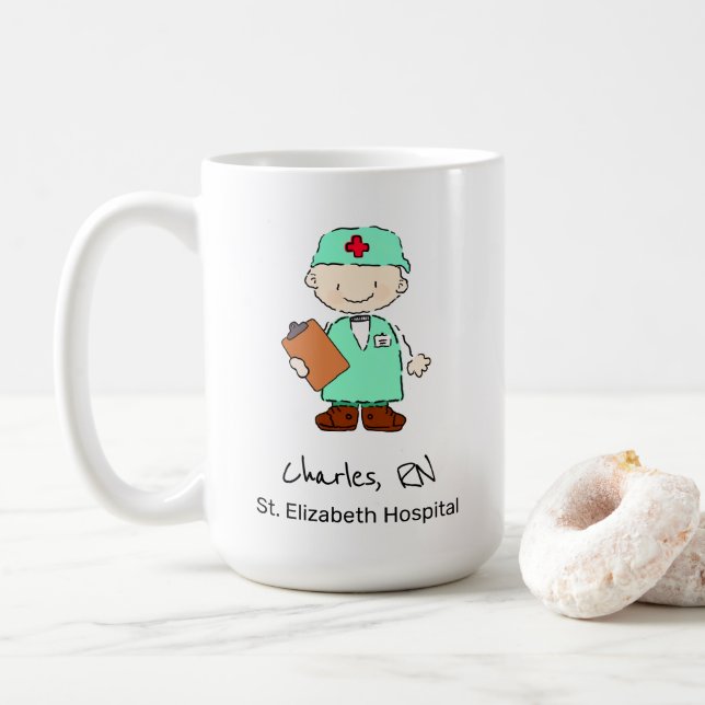 Fun Personalized Nurse Doctor Illustration Cartoon Coffee Mug (With Donut)