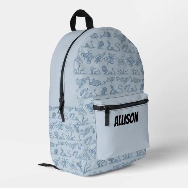 Fun Personalized Pastel & Navy Blue Sea Monster  Printed Backpack (Back Corner Left)