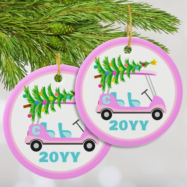 Fun Personalized Pink Golf Cart Christmas Tree Ceramic Ornament (A bright Christmas tree atop a fun pink golf cart. This unique monogram ornament makes a great gift.)